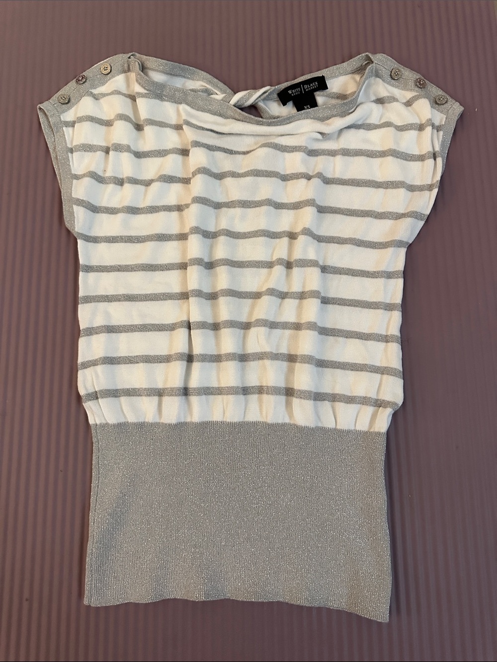 White House Black Market White and Silver Striped Short Sleeve Top